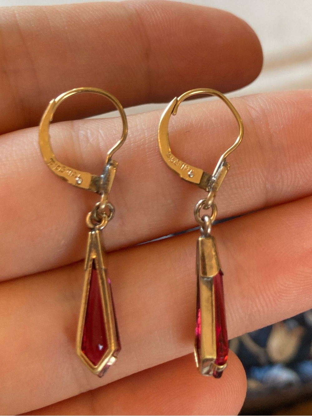 Art Deco Rolled Gold Faceted Glass Hinged Leverback Earrings Signed - Picture 9 of 11